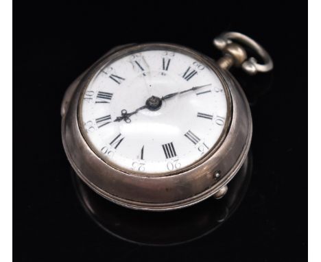 18thC hallmarked silver open faced pair cased pocket watch with ornate blued hands, black Roman numerals and Arabic 5 minute 