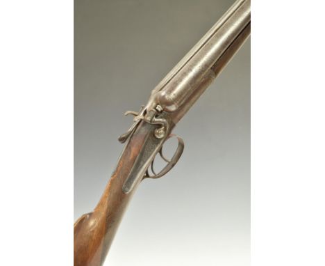 T Eady 12 bore side by side hammer action shotgun with engraved locks, hammers, trigger guard, underside, fences and thumb le