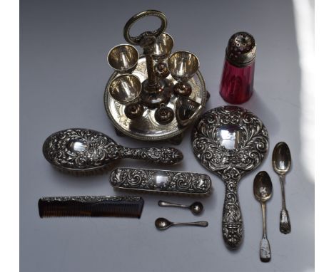 Hallmarked silver mounted dressing table items comprising hand mirror, two brushes and comb, hallmarked silver lidded cranber