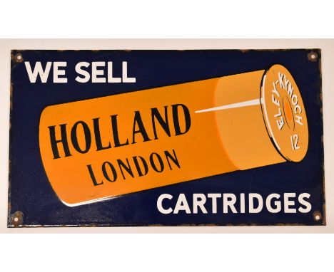 Holland London shotgun cartridges enamel shop display or advertising sign 'We Sell Holland London Cartridges', 26.5x46.5cm.&n