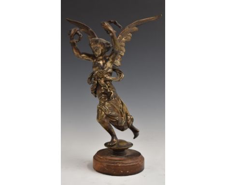 Bronzed winged lady with flowing robe, H 25cm, on turned wooden base, possibly originally a vintage car mascot
