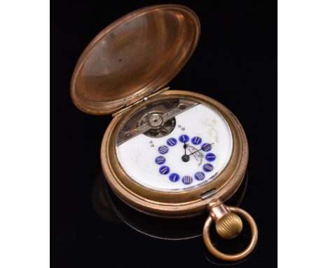 Hebdomas patent gold plated keyless winding full hunter pocket watch with visible escapement, black hands, gold over blue Rom