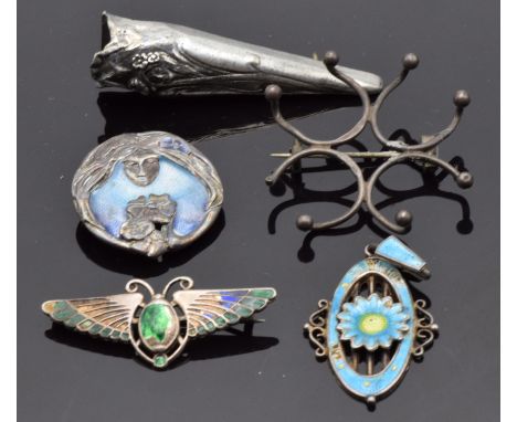 Two silver and enamel brooches, Charles Horner scarab beetle brooch, a posy holder and a section of brooch&nbsp;