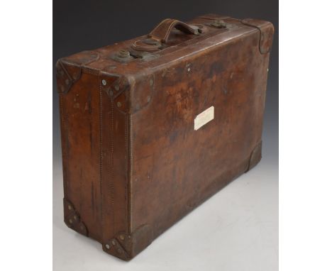 Vintage leather case with riveted reinforced corners and lined interior by John Pound and Co, Dressing Bag and Trunk Makers, 
