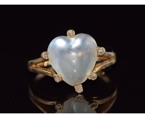 Victorian ring set with a heart cut moonstone cabochon surrounded by diamonds, size R, 5g