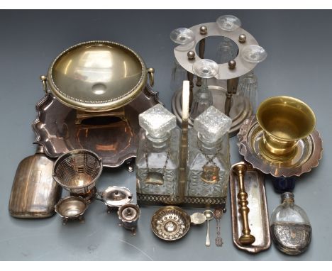 Silver plated ware including Elkington salver, Walker and Hall, spirit flask, tantalus, pestle and&nbsp;mortar etc