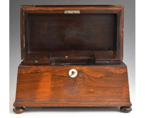 19thC rosewood sarcophagus shaped two division tea caddy, W34cm