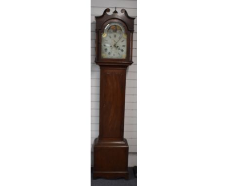 Late 18th/early 19thC longcase clock in mahogany case, the painted Roman arch shaped dial with moon phase signed W Walkman, C