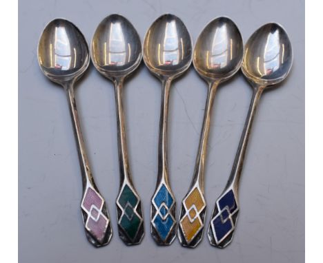 Five Liberty &amp; Co Art Deco&nbsp;hallmarked silver and guilloché enamel teaspoons, Birmingham 1934, length 9.5cm, weight 3