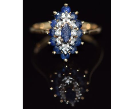 A 9ct gold ring set with diamonds and sapphires in a marquise shaped setting, 2.8g, size K/L&nbsp;