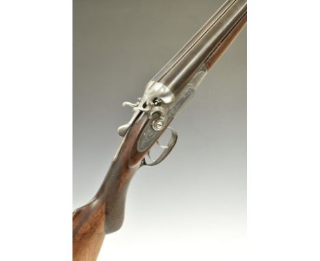 C H Smith 12 bore side by side hammer action shotgun with engraved locks, stylised hammers, trigger guard, underside, top pla