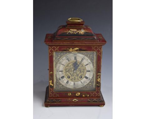 Astral Coventry shelf/mantel clock, c1900, in Chinoiserie lacquered case, the brass engraved dial with Roman silvered chapter