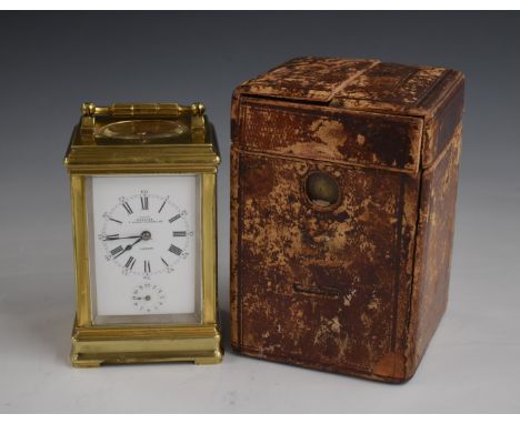 19thC half-hourly repeater brass carriage clock, the enamelled Roman and Arabic dial with alarm secondary dial, marked 'Examd