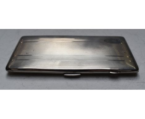 George V hallmarked silver cigarette case with engine turned decoration, pre war car interest inscription to inside of lid fr