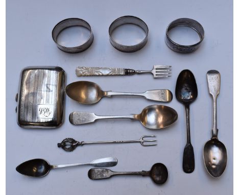 Four Victorian hallmarked silver teaspoons, Scottish hallmarked silver thistle fork, hallmarked silver cigarette case and a G