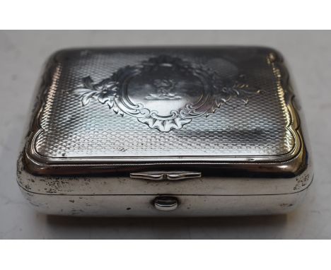 Russian white metal ciagarette case with engine turned lid, 84 silver marks, length 9cm, weight 115g