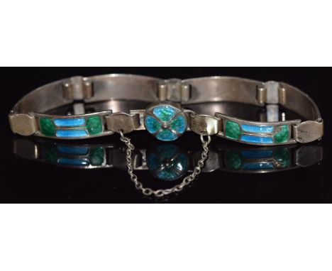 A hallmarked silver bracelet set with green and blue enamel, Birmingham 1910, maker J.F