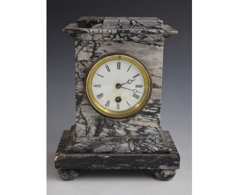 19thC grey marble cased mantel clock with enamel Roman dial and Breguet style hands, the single train French movement stamped