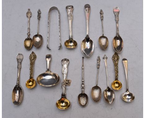 Georgian and later hallmarked silver spoons including a caddy spoon, London 1811, silver gilt salt spoons, King's pattern mus