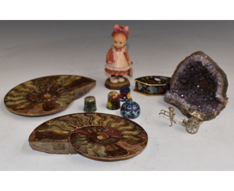 Two polished ammonite fossils together with an amethyst geode, enamel pot, thimble etc