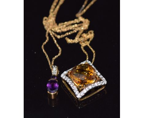 Two 9k gold pendants, one set with a citrine and the other amethyst and diamonds, both on 9k gold chains, 4.2g&nbsp;