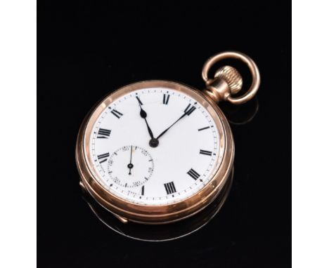 Buren gold plated keyless winding open faced pocket watch with subsidiary seconds dial, blued hands, black Roman numerals, wh