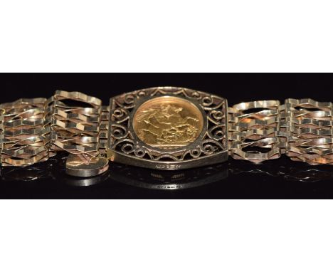Victoria 1898 gold full sovereign with Sydney mint mark, in&nbsp;9ct gold gate link bracelet, 22.8g