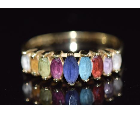 A 9ct gold ring set with marquise cut topaz, garnet, peridot, amethyst &amp; citrine, 2.5g, size N