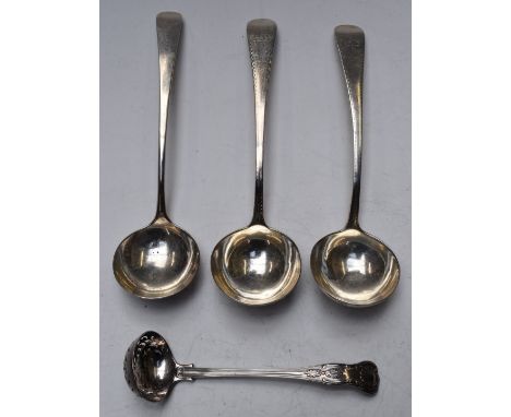 Three Georgian hallmarked silver sauce ladles comprising a bottom hallmarked example and a pair, London 1790, maker&nbsp;Rich