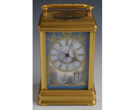 Shreve Crum &amp; Low of Boston Massachusetts gilt cased repeater carriage clock with hand painted porcelain panels depicting