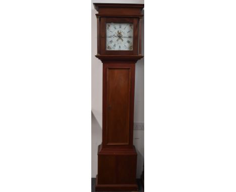 19thC longcase clock in mahogany case, the painted square Roman dial by T Mear, Dursley, decorated with bird and floral spand