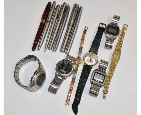 Six Parker, Sheaffer and similar fountain pens together with seven various ladies and gentleman's wristwatches including Casi