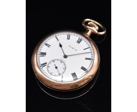 Elgin gold plated keyless winding open faced pocket watch with inset subsidiary seconds dial, blued hands, black Roman numera