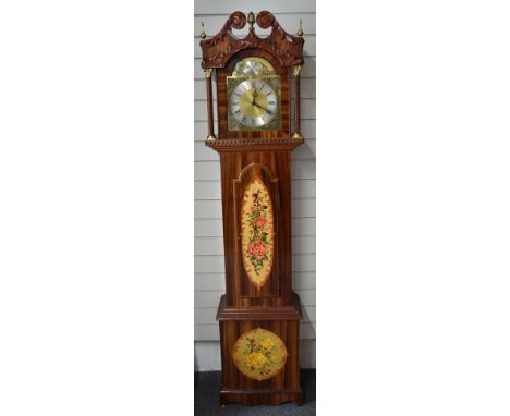 Late 20thC grandmother longcase clock in lacquered marquetry decorated case, with German three train chiming movement, the ca