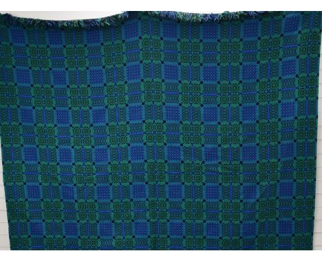 A c1970's Welsh tapestry wool double blanket in blue, green and black, 230 x 200cm