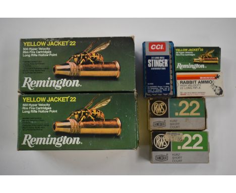 One-thousand-two-hundred-and-fifty .22 rifle cartridges including Remington Yellow Jacket, CCI Stinger, Winchester Rabbit Amm