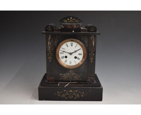 19thC slate and marble mantel clock, the Roman and enamel dial with steel beetle and poker hands, indistinct retailer's mark 