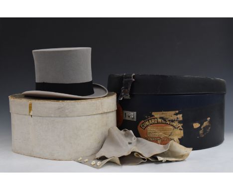 Grey felt top hat and spats, size 6 7/8, in original box addressed to Captain E.F.E Armstrong R.E Staff College, Cambridge 19