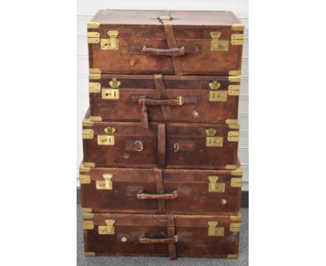 Vintage Principe designer brass bound leather five piece luggage set with equestrian themed lining, three W75 x D45 x H23.5cm
