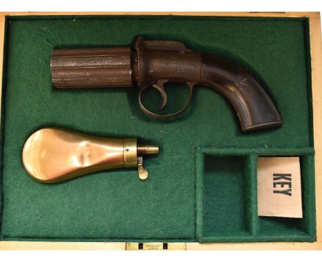 Unnamed six-shot double action bar hammer action pepperbox revolver with shaped wooden grips and 3 inch barrels, overall leng