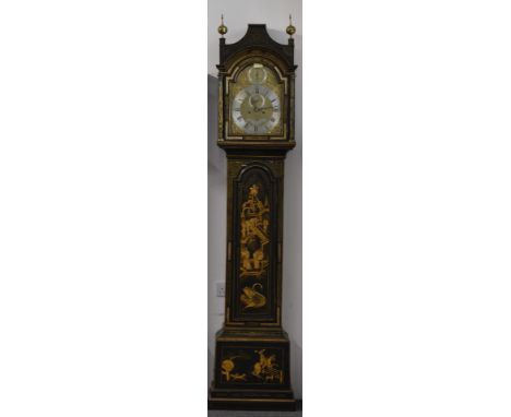 Late 18th / early 19thC Georgian longcase clock in Chinoiserie style painted lacquered case, the door&nbsp; with raised decor