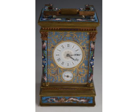 John White of Paris champlevé enamel gilt cased repeating carriage clock with black Roman numerals, blued hands, Chinese styl