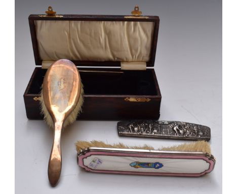 Danish&nbsp;white metal embossed comb and cover, an Art Deco guilloché enamel brush and a boxed comb and brush