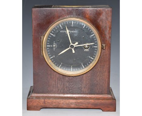 A mahogany cased military style mantel clock with stop/start, black dial, white hands and makers and brass campaign style fol