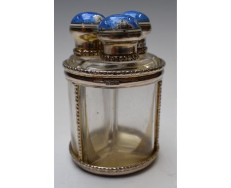 George V hallmarked silver and guilloché enamel three bottle scent bottle set, Birmingham 1912, maker&nbsp;E S Barnsley &amp;