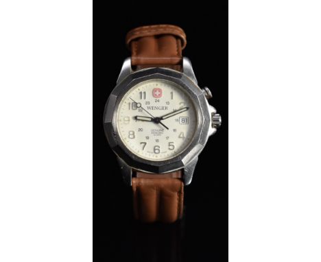 Wenger Swiss Army gentleman's wristwatch ref. 098.0469 with Aaarm, date aperture, luminous hands, Arabic numerals, cream dial