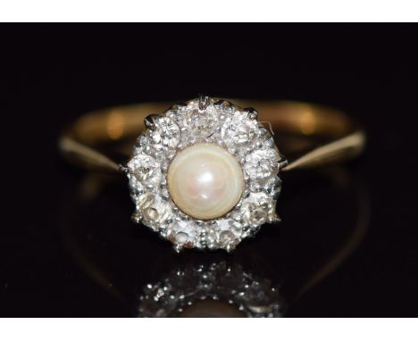 Victorian ring set with a natural pearl surrounded by old cut diamonds, size R, 3.3g