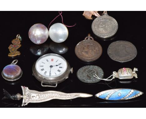 A&nbsp;1572 hammered silver sixpence, silver watch, Charles Horner enamel brooch, pearl earrings, butterfly wing pendant, etc