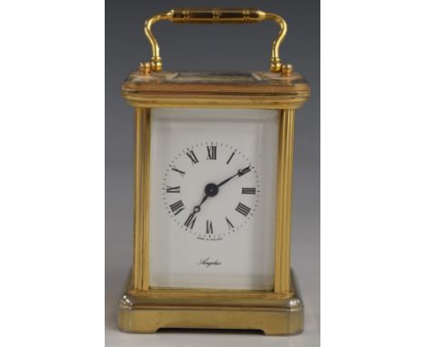 Angelus miniature brass carriage clock with enamelled Roman dial and Breguet style hands, 7.5cm tall