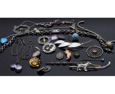 A collection of jewellery including silver chain, silver and enamel brooch, gemstones, enamel pendant, Victorian cut steel, e